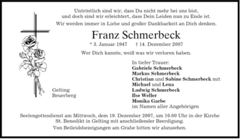 Traueranzeige von Franz Schmerbeck von MERKUR & TZ