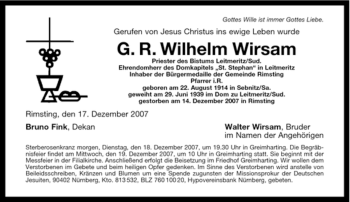 Traueranzeige von Wilhelm Wirsam von MERKUR & TZ