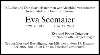 Traueranzeige von Eva Seemaier von MERKUR & TZ