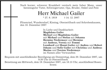 Traueranzeige von Michael Gailer von HOLZKIRCHENER MERKUR