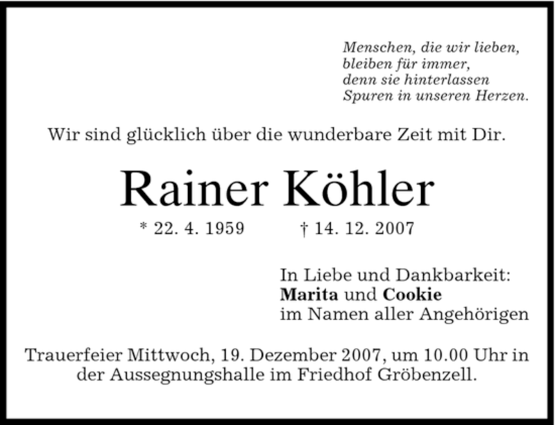  Traueranzeige für Rainer Köhler vom 18.12.2007 aus MERKUR & TZ