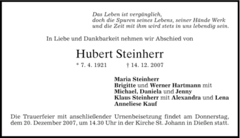 Traueranzeige von Hubert Steinherr von MERKUR & TZ