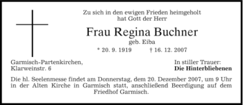 Traueranzeige von Regina Buchner von MERKUR & TZ
