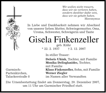 Traueranzeige von Gisela Finkenzeller von MERKUR & TZ