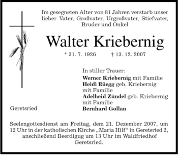 Traueranzeige von Walter Kriebernig von MERKUR & TZ