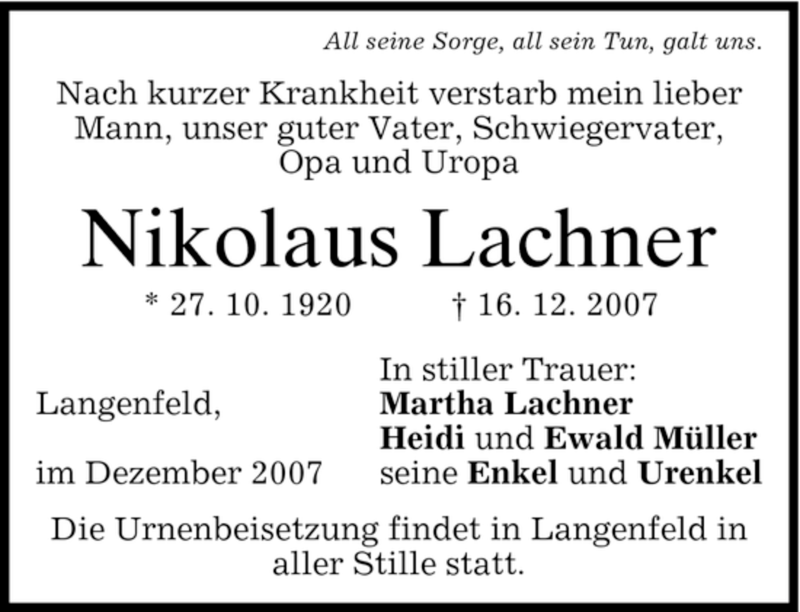  Traueranzeige für Nikolaus Lachner vom 22.12.2007 aus MERKUR & TZ