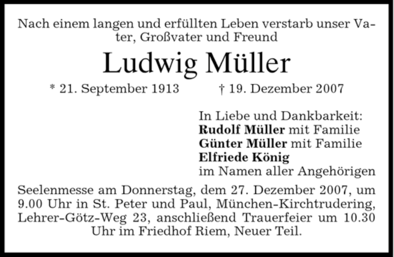  Traueranzeige für Ludwig Müller vom 22.12.2007 aus DORFENER NACHRICHTEN
