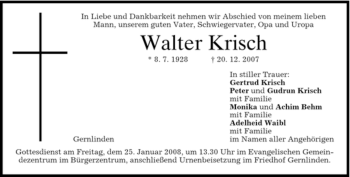 Traueranzeige von Walter Krisch von MERKUR & TZ