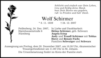 Traueranzeige von Wolf Schirmer von MERKUR & TZ