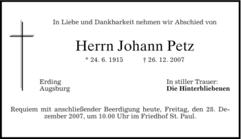 Traueranzeige von Johann Petz von MERKUR & TZ