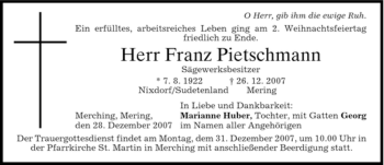 Traueranzeige von Franz Pietschmann von MERKUR & TZ