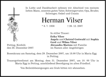 Traueranzeige von Hermann Vilser von MERKUR & TZ