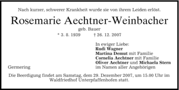 Traueranzeige von Rosemarie Aechtner-Weinbacher von MERKUR & TZ