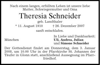 Traueranzeige von Theresia Schneider von GARMISCH-PARTENK. TAGBLATT