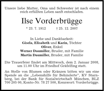 Traueranzeige von Ilse Vorderbrügge von DORFENER NACHRICHTEN