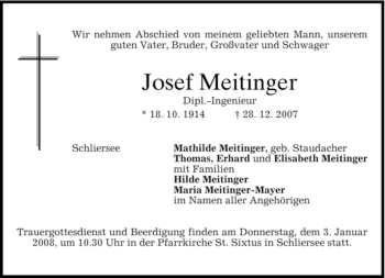Traueranzeige von Josef Meitinger von MERKUR & TZ