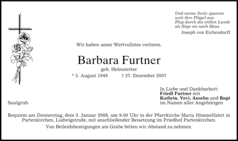  Traueranzeige für Barbara Furtner vom 31.12.2007 aus MERKUR & TZ