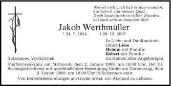 Traueranzeige von Jakob Werthmüller von HOLZKIRCHENER MERKUR