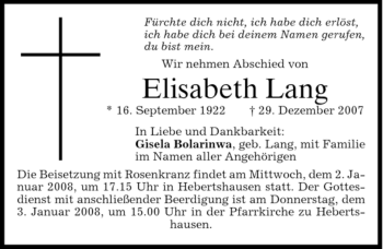 Traueranzeige von Elisabeth Lang von HOLZKIRCHENER MERKUR