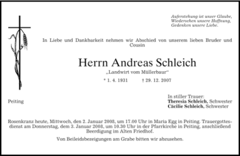 Traueranzeige von Andreas Schleich von MERKUR & TZ