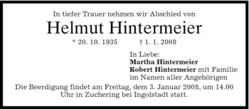Traueranzeige von Helmut Hintermeier von HOLZKIRCHENER MERKUR