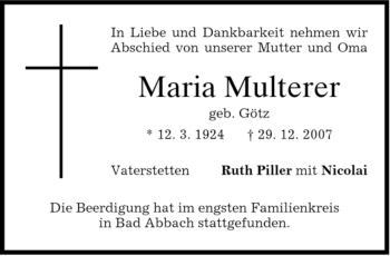 Traueranzeige von Maria Multerer von DORFENER NACHRICHTEN