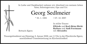Traueranzeige von Georg Sedlmeier von MERKUR & TZ