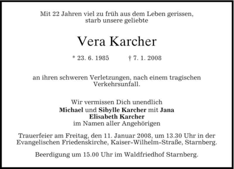  Traueranzeige für Vera Karcher vom 13.01.2008 aus MERKUR & TZ
