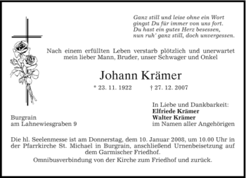 Traueranzeige von Johann Krämer von MERKUR & TZ