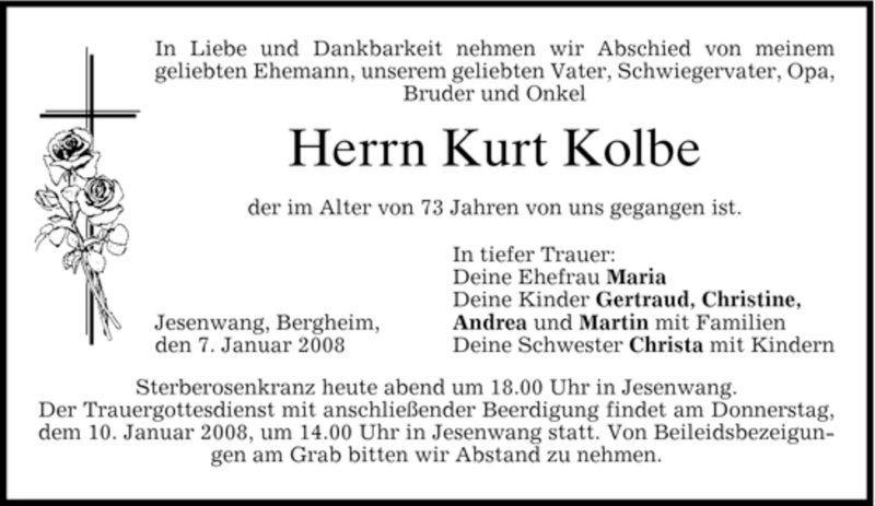  Traueranzeige für Kurt Kolbe vom 09.01.2008 aus MERKUR & TZ