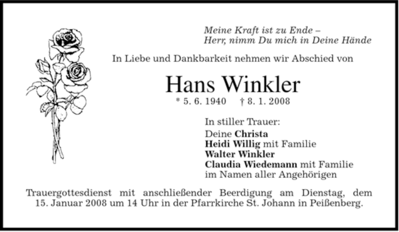 Traueranzeigen von Hans Winkler | trauer.merkur.de