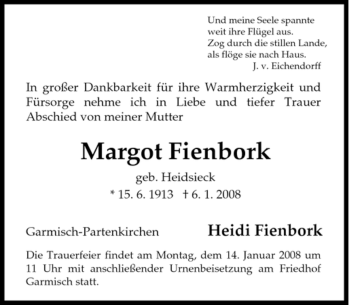 Traueranzeige von Margot Fienbork von MERKUR & TZ