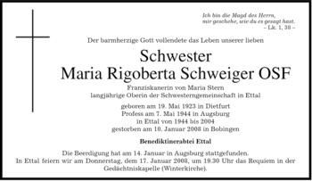 Traueranzeige von Maria Rigoberta Schweiger von MERKUR & TZ