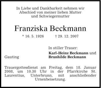 Traueranzeige von Franziska Beckmann von MERKUR & TZ
