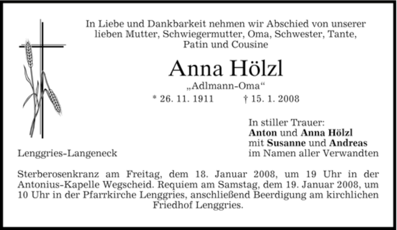  Traueranzeige für Anna Hölzl vom 16.01.2008 aus MERKUR & TZ
