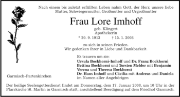 Traueranzeige von Lore Imhoff von MERKUR & TZ