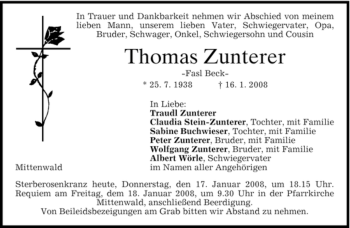 Traueranzeige von Thomas Zunterer von MERKUR & TZ