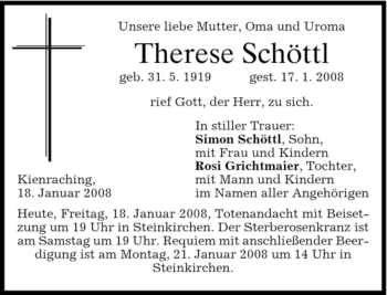 Traueranzeige von Therese Schöttl von MERKUR & TZ