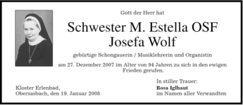 Traueranzeige von Josefa Wolf von MERKUR & TZ