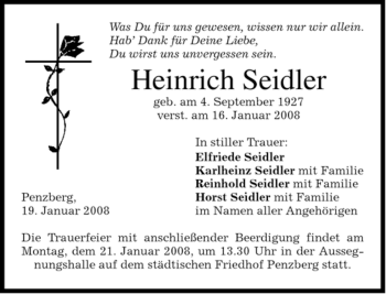 Traueranzeige von Heinrich Seidler von MERKUR & TZ