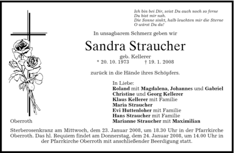  Traueranzeige für Sandra Straucher vom 22.01.2008 aus HOLZKIRCHENER MERKUR