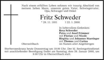 Traueranzeige von Fritz Schweder von HOLZKIRCHENER MERKUR