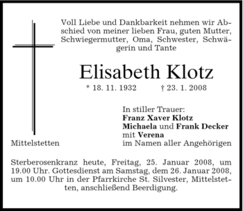 Traueranzeige von Elisabeth Klotz von MERKUR & TZ