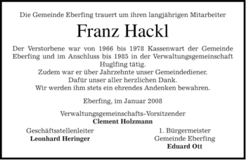 Traueranzeige von Franz Hackl von MERKUR & TZ