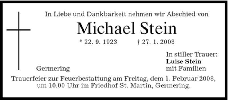  Traueranzeige für Michael Stein vom 30.01.2008 aus MERKUR & TZ