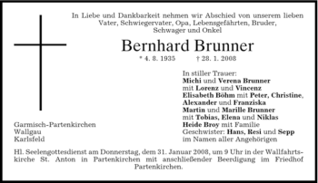 Traueranzeige von Bernhard Brunner von MERKUR & TZ