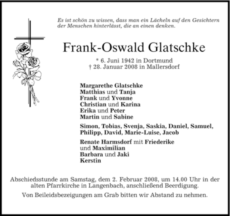  Traueranzeige für Frank-Oswald Glatschke vom 30.01.2008 aus MERKUR & TZ
