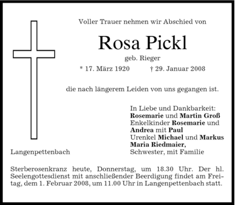  Traueranzeige für Rosa Pickl vom 31.01.2008 aus HOLZKIRCHENER MERKUR