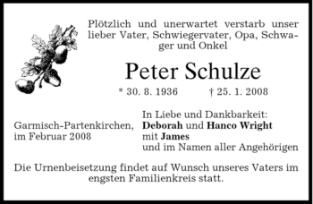 Traueranzeige von Peter Schulze von DORFENER NACHRICHTEN