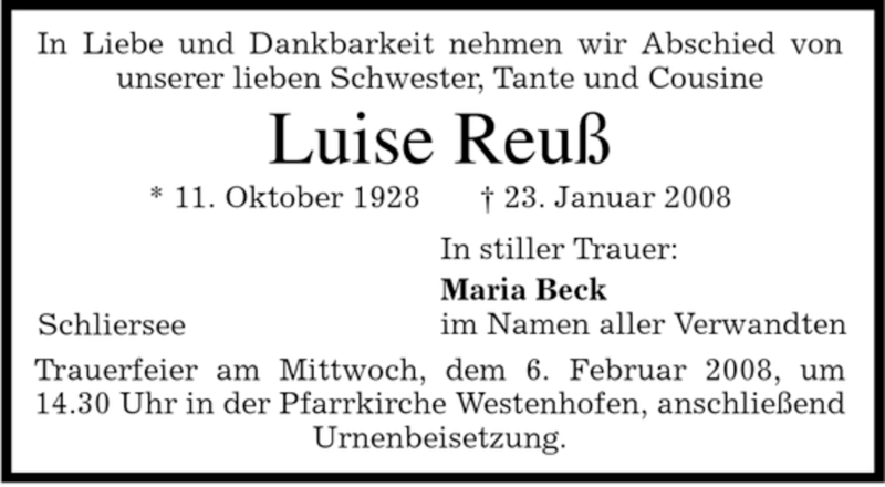  Traueranzeige für Luise Reuß vom 02.02.2008 aus MERKUR & TZ